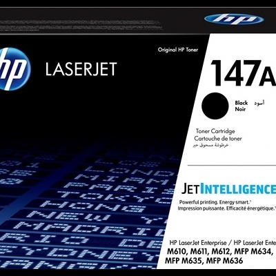 Embalagem de toner HP LaserJet 147A preta com textos e logótipos
