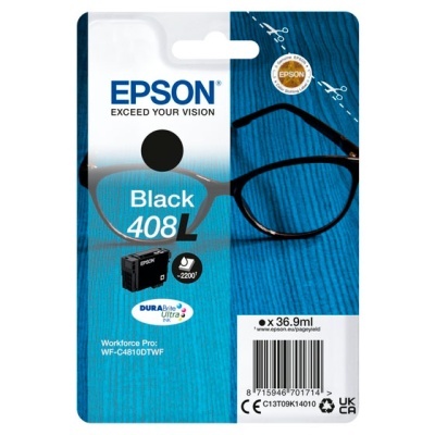 Embalagem de tinteiro Epson preto 408L sobre superfície azul com óculos
