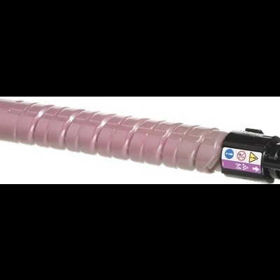 Toner de impressora rosa com tampa preta e etiquetas coloridas