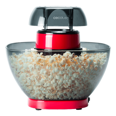 Máquina de fazer pipocas vermelha e preta com pipocas no recipiente transparente