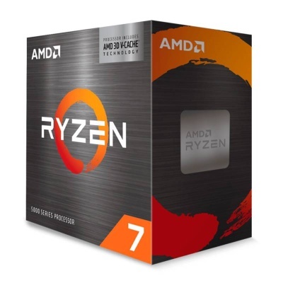 Caixa de processador AMD Ryzen 7 série 5000 com design metálico e detalhes laranja e vermelho