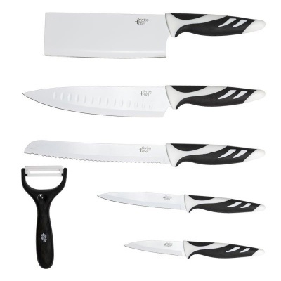 Conjunto de facas e descascador Swiss Chef com lâminas brancas e cabos preto e branco