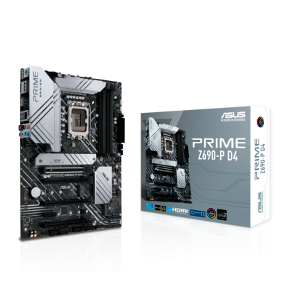 Placa-mãe ASUS PRIME Z690-P D4 e embalagem cinzenta com texto e logotipo ASUS
