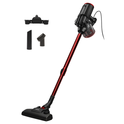 aspirador vertical sem fios preto e vermelho com acessórios em fundo transparente