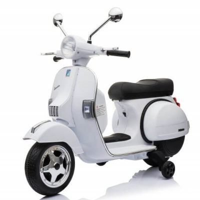 Motociclo elétrico infantil branco com assento preto e retrovisores cromados.