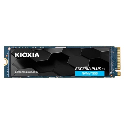 SSD NVMe Kioxia Exceria Plus G3 preto com placa azul e conectores dourados