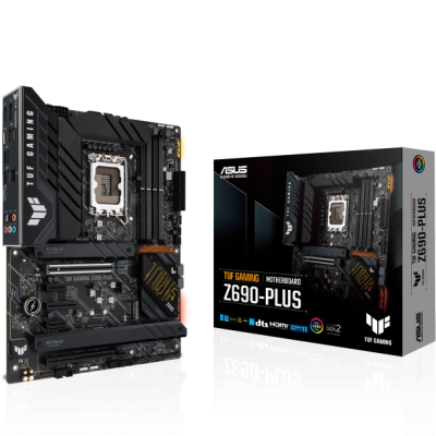 Placa-mãe ASUS TUF Gaming Z690-PLUS preta com embalagem ao lado