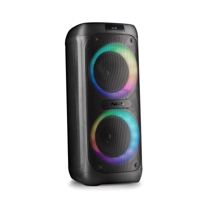 Coluna de som preta com luzes LED coloridas e marca NGS