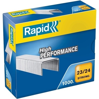 Caixa azul e amarela de grampos metálicos Rapid High Performance