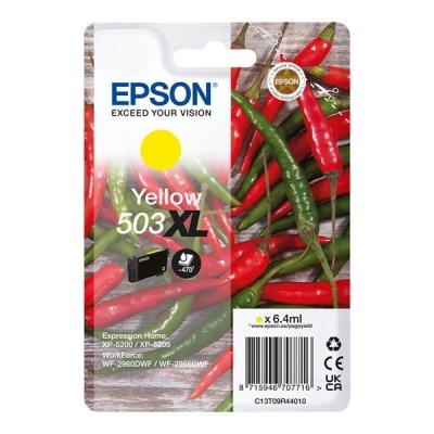 Embalagem de tinteiro Epson amarelo 503XL com pimentos vermelhos e verdes ao fundo