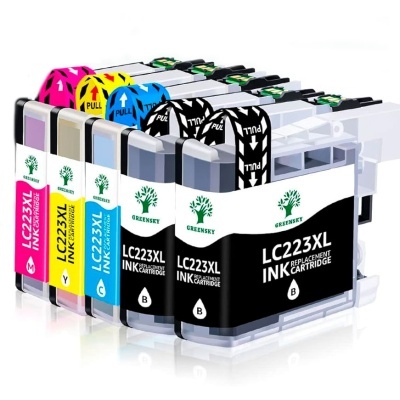 Cinco tinteiros de substituição GREENSKY LC223XL em várias cores com etiquetas coloridas