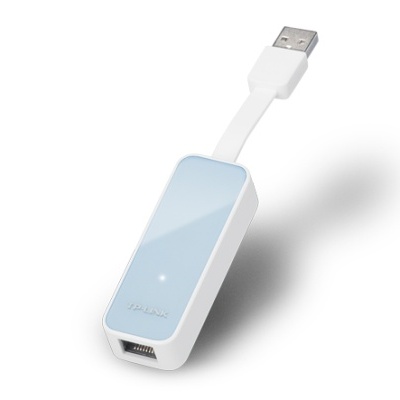 Adaptador de rede TP-LINK branco e azul com USB e Ethernet