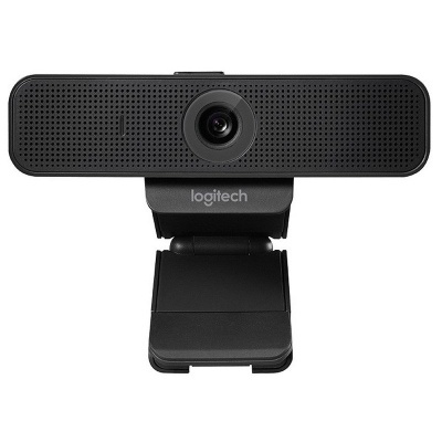 Webcam preta Logitech com suporte ajustável, lente central e superfície perfurada