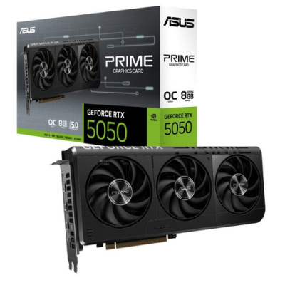 Placa gráfica ASUS PRIME GeForce RTX 5050 com três ventoinhas e embalagem à sua frente