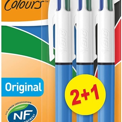 Embalagem de três canetas BIC 4 Colours Original com corpo azul e tampas brancas