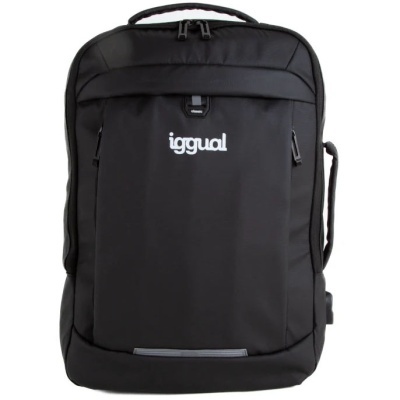 Mochila preta com escrita branca iggual no centro