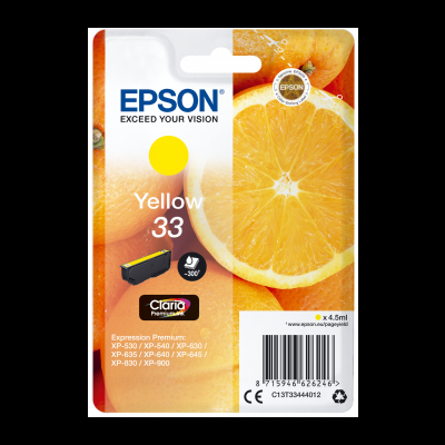 Cartucho de tinta Epson amarelo 33 com imagem de laranja e selo Claria Premium