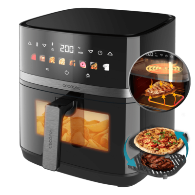 Fritadeira elétrica Cecotec preta com visor digital, painel tátil e janela transparente mostrando batatas fritas.