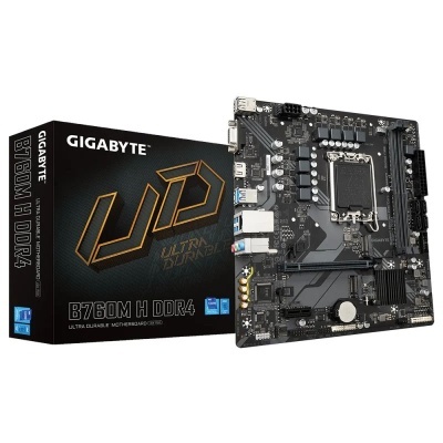 Placa-mãe Gigabyte B760M H DDR4 com caixa ao lado