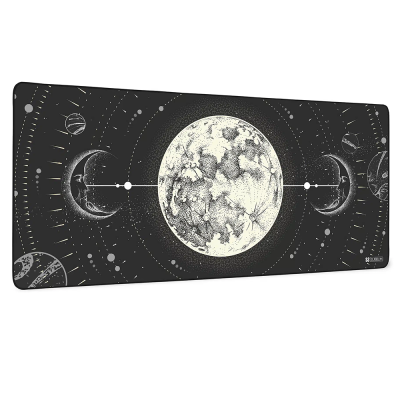 Tapete preto com estampa da lua e planetas em branco com texturas e rostos nos quartos de lua.