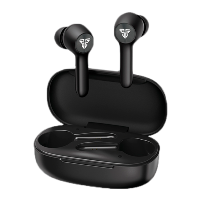 Auscultadores sem fios pretos com estojo preto aberto