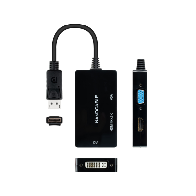 Adaptador de vídeo preto com entradas DVI, VGA e HDMI e texto NANOCABLE HDMI 4Kx2K VGA DVI