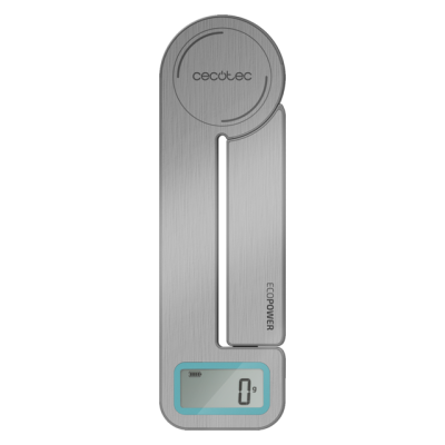 Balança digital de cozinha cinza metal com visor LCD mostrado 0 g