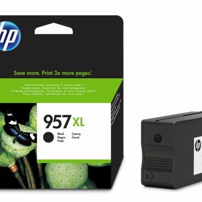 Cartucho de tinta preto HP 957XL com embalagem e texto promocional