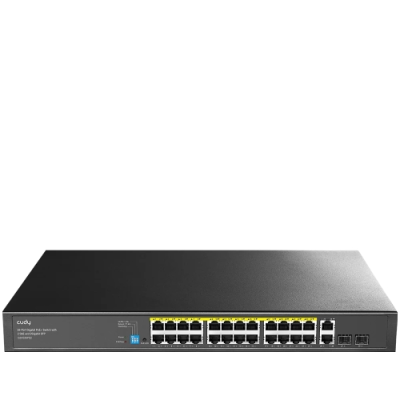 Interruptor de rede preto com 24 portas Ethernet e duas portas SFP