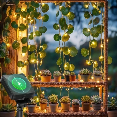 Estante em vime com luzes LED e vasos com suculentas decorativas