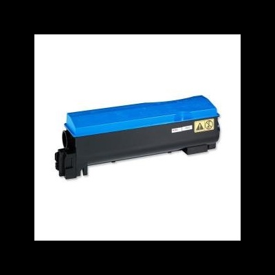 Toner para impressora preto com tampa azul e etiqueta amarela de aviso