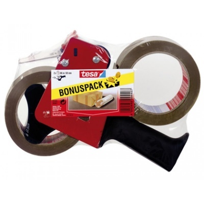 Conjunto de dispensador de fita adesiva tesa com 2 rolos castanhos e rótulo BONUSPACK
