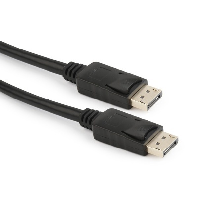 Cabo preto DisplayPort com conectores metálicos em fundo branco