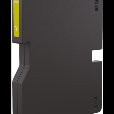 Cartucho de tinta amarelo com etiqueta amarela e corpo preto