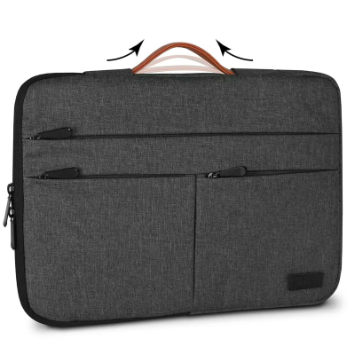 Bolsa para portátil cinzenta escura com quatro fechos de correr e alça castanha