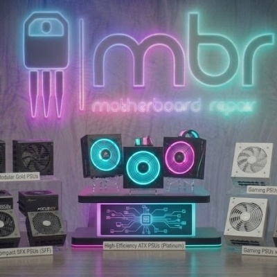 Fontes de alimentação para PC expostas com etiquetas e painel LED mbr motherboard repair ao fundo