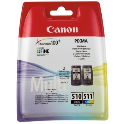 Cartuchos tinta Canon PIXMA PG-510 Preto e CL-511 Cor em embalagem plastificada