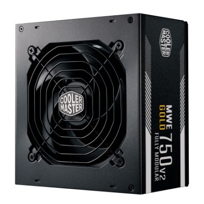Fonte de alimentação Cooler Master MWE 750 V2 Gold preta com ventoinha e marca visível