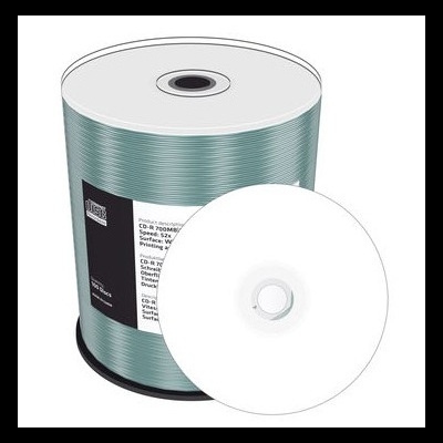 Pack de CD-Rs azul esverdeado com CD branco e etiqueta preta com texto técnico