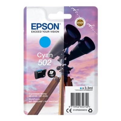 Cartucho de tinta Epson Cyan 502 com embalagem mostrando céu ao pôr do sol e telescópio