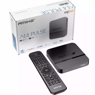 Media box Amiko A4 Pulse preto com comando e embalagem branca