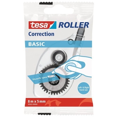 Corretor em fita tesa Roller Correction Basic em embalagem de plástico branco e transparente
