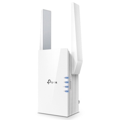 Repetidor Wi-Fi TP-Link branco com duas antenas e botões azuis iluminados