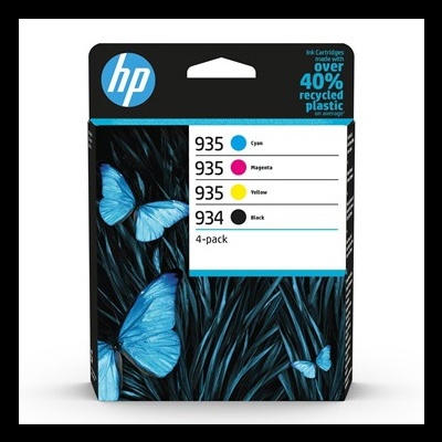 Caixa de cartuchos de tinta HP 935 com design de folhas e borboletas azuis