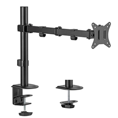 Suporte negro de metal para monitor com braço articulado e fixação de mesa