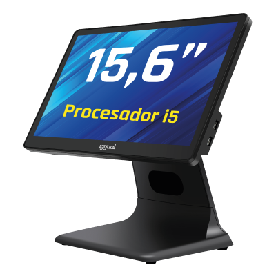 Monitor touchscreen preto com ecrã de 15,6 polegadas e texto procesador i5