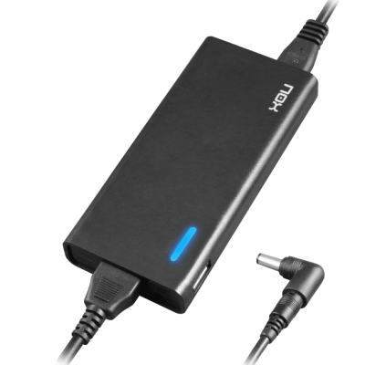 Carregador portátil preto com luz azul e cabos conectados