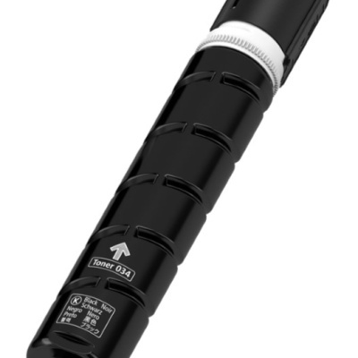 Cartucho de toner preto para impressora, texto Toner 034 e indicações de cor em várias línguas.