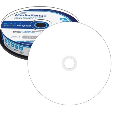 Discos MediaRange BD-R graváveis em embalagem redonda com capacidade de 25GB e impressão inkjet