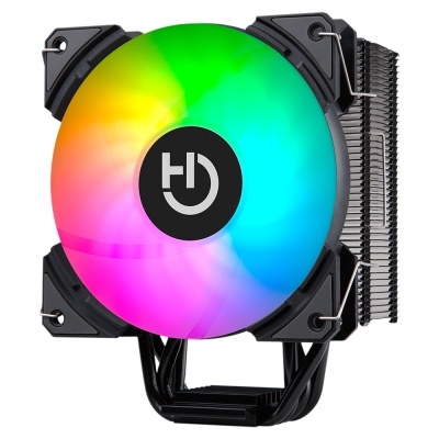 Cooler para PC com ventoinha RGB e estrutura preta em metal e plástico